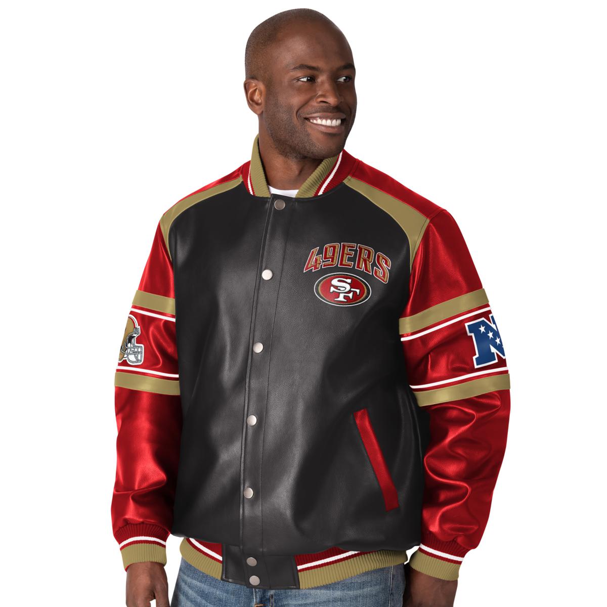 G-III Officially Licensed NFL Faux Leather Varsity Jacket by Glll San Francisco 49ers / L