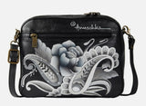 Anuschka Hand Painted Leather Crossbody Messenger in PEONIES AND PAISLEYS BLACK