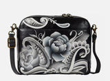 Anuschka Hand Painted Leather Crossbody Messenger in PEONIES AND PAISLEYS BLACK