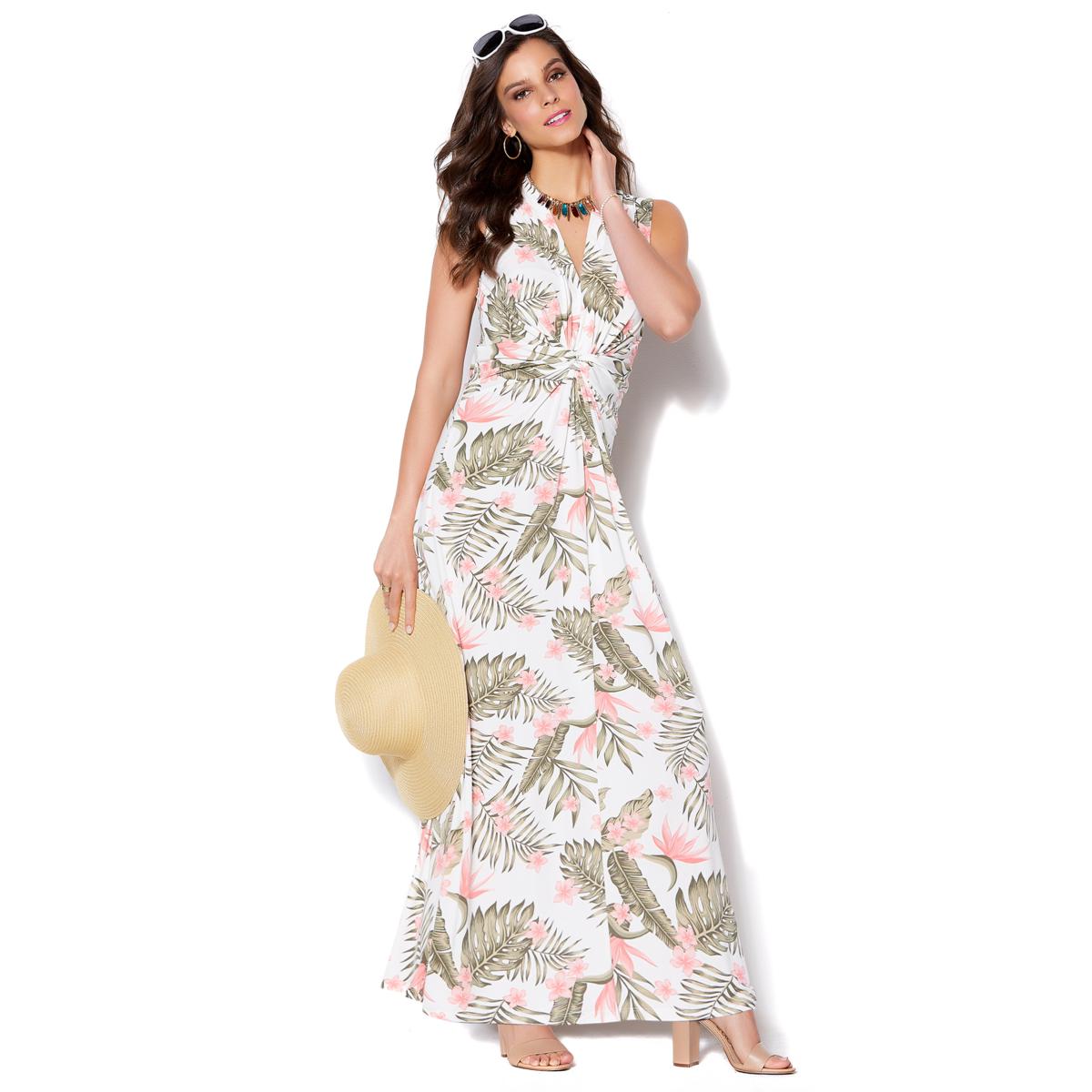 IMAN Global Chic Luxury Resort Knockout Maxi Dress and Necklace Palm Print / L Long IMAN Global Chic Luxury Resort Knockout Maxi Dress and Necklace Palm Print / L Long