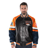 "AS IS" Officially Licensed NFL Men's Faux Leather Varsity Jacket-Denver Broncos