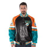 "AS IS" Officially Licensed NFL Men's Faux Leather Varsity Jacket-Miami Dolphins
