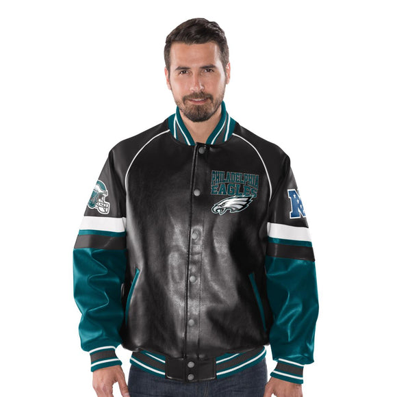 Officially Licensed NFL Men's Faux Leather Varsity Jacket-Philadelphia Eagles