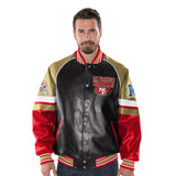 "AS IS" Officially Licensed NFL Men's Faux Leather Varsity Jacket-San Francisco  49ERS