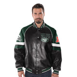 Officially Licensed NFL Men's Faux Leather Varsity Jacket-New Jersey Jets