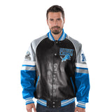 "AS IS" Officially Licensed NFL Men's Faux Leather Varsity Jacket-Detroit Lions