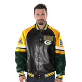 Officially Licensed NFL Men's Faux Leather Varsity Jacket-Green Bay Packers