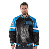 Officially Licensed NFL Men's Faux Leather Varsity Jacket-Carolina Panthers