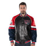 "AS IS" Officially Licensed NFL Men's Faux Leather Varsity Jacket-New England Patriots