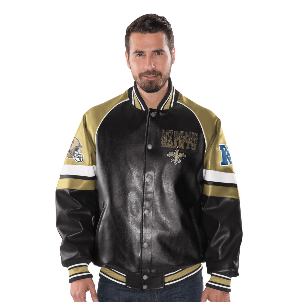 NEW ORLEANS SAINTS FAUX outlets LEATHER MEN'S JACKET NFL EMBROIDERED SPORTS COAT XXL