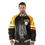Officially Licensed NFL Men's Faux Leather Varsity Jacket-Pittsburgh Steelers