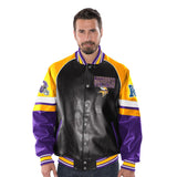 "AS IS" Officially Licensed NFL Men's Faux Leather Varsity Jacket-Minnesota Vikings