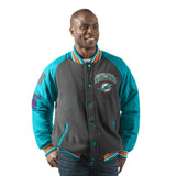 Officially Licensed NFL Men's Power Hitter Varsity Jacket by Glll-Miami Dolphins