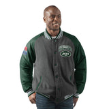 Officially Licensed NFL Men's Power Hitter Varsity Jacket by Glll-New Jersey Jets
