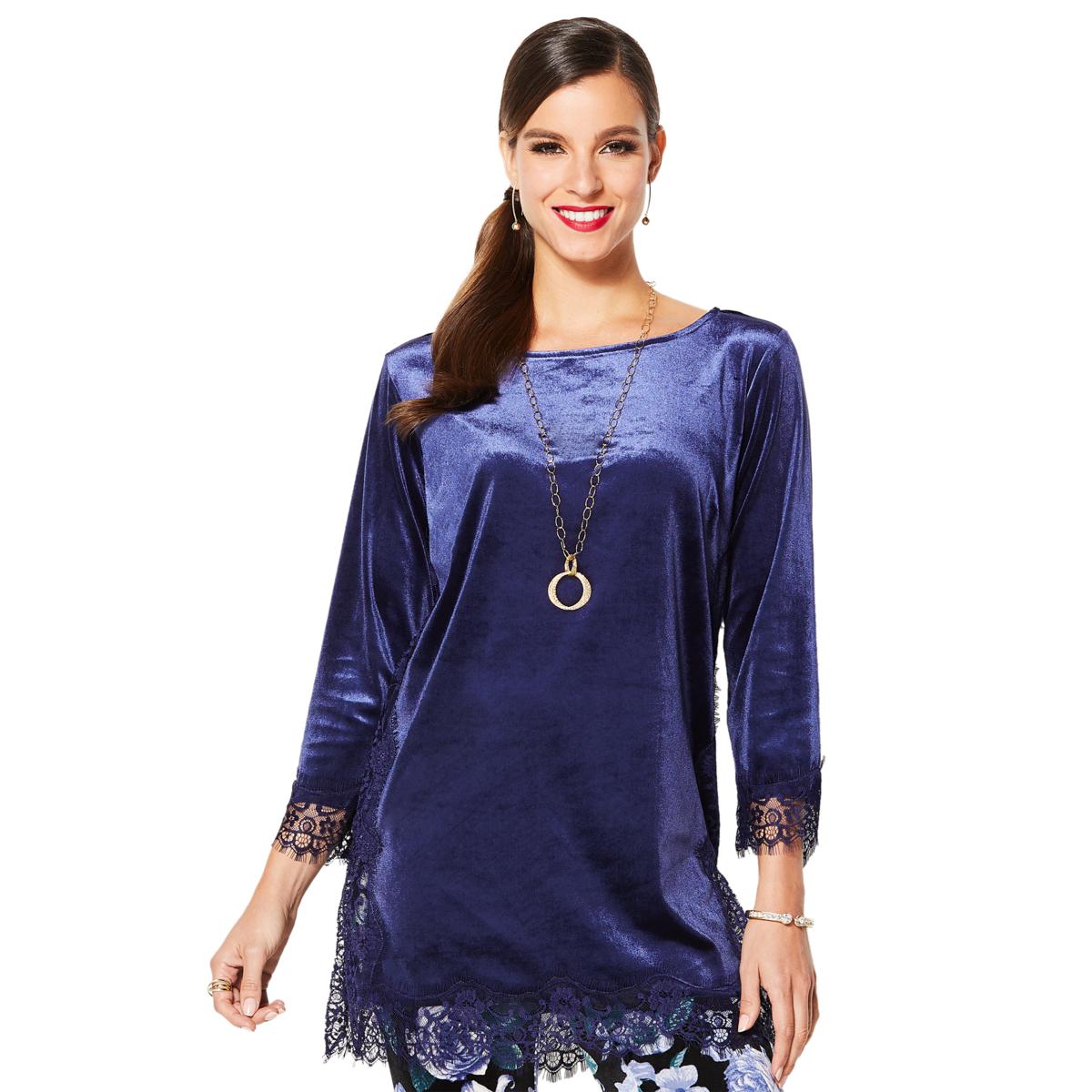 IMAN Global Dressed & Ready Velvet with Lace Trim Tunic Midnight / S