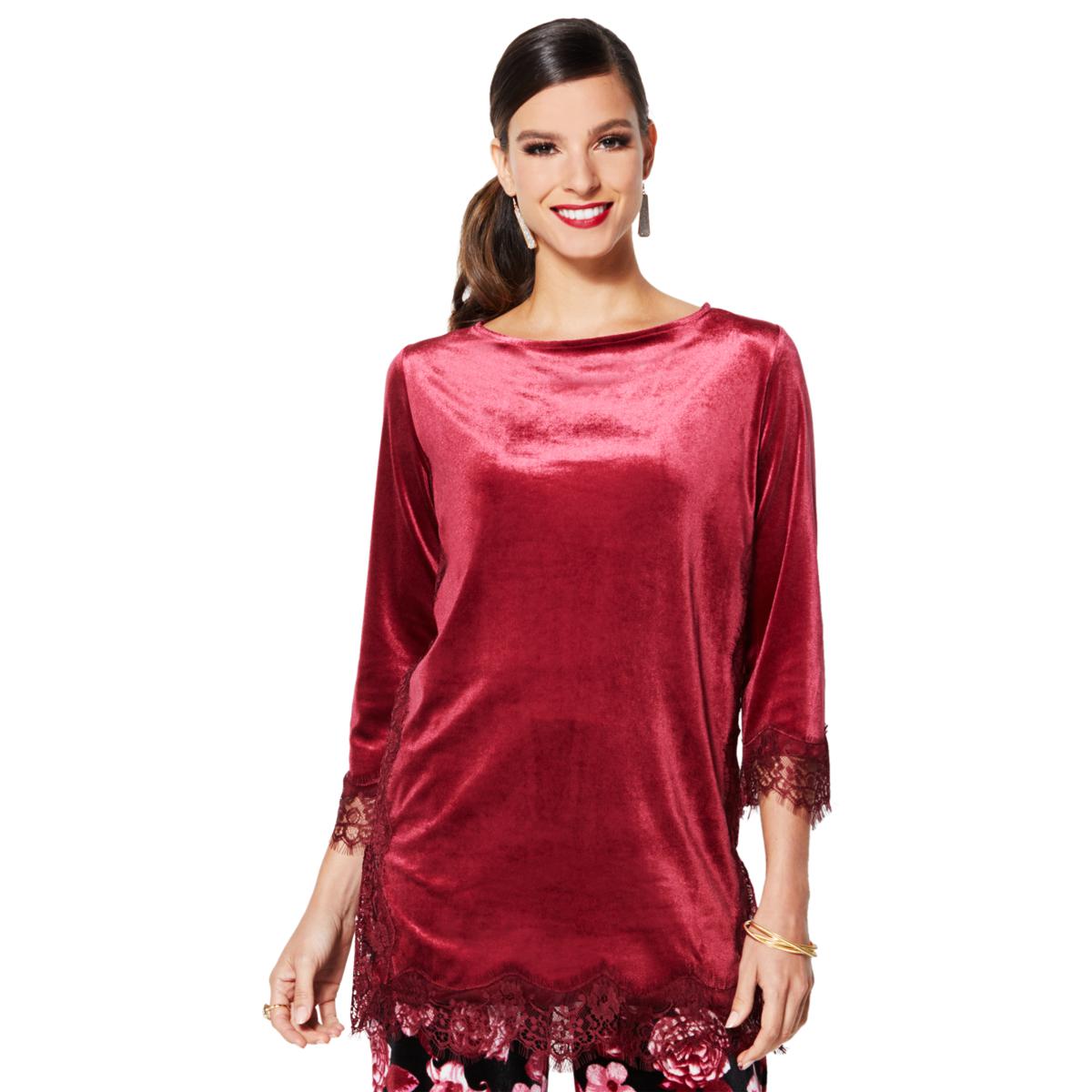 IMAN Global Dressed & Ready Velvet with Lace Trim Tunic Burgundy / S IMAN Global Dressed & Ready Velvet with Lace Trim Tunic Burgundy / S