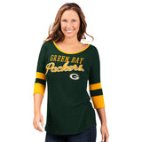 Officially Licensed NFL Women's 3/4 Sleeve Game Changer Tee by Glll -Green Bay Packers