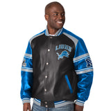 Officially Licensed NFL Faux Leather Varsity Jacket by Glll-Detroit Lions
