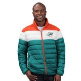 Officially Licensed NFL Men's Cold Front Quilted Puffer Jacket by Glll-Miami Dolphins