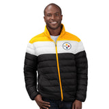Officially Licensed NFL Men's Cold Front Quilted Puffer Jacket by Glll-Pittsburgh Steelers