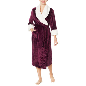 Soft Cozy Tie Front Robe with Faux Sherpa Collar-M/L-Wa