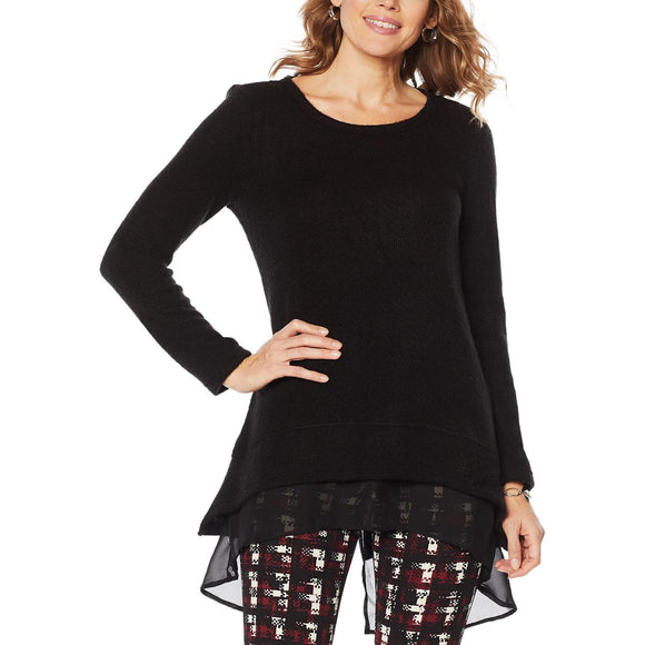 Nina Leonard Hi-Low Novelty Knit Sweater with Chiffon Hem-3X-Wa