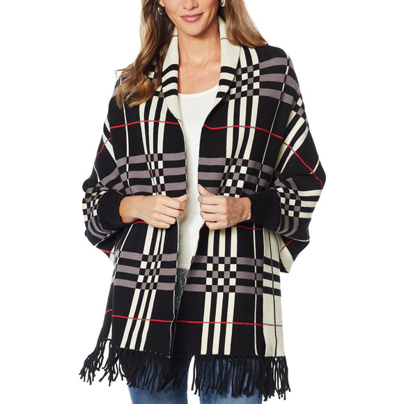 Colleen Lopez Reversible Plaid Knit Topper with Fringe-Wa