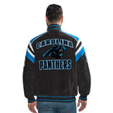 Officially Licensed NFL Men's Suede Jacket PANTHERS BACK VIEW
